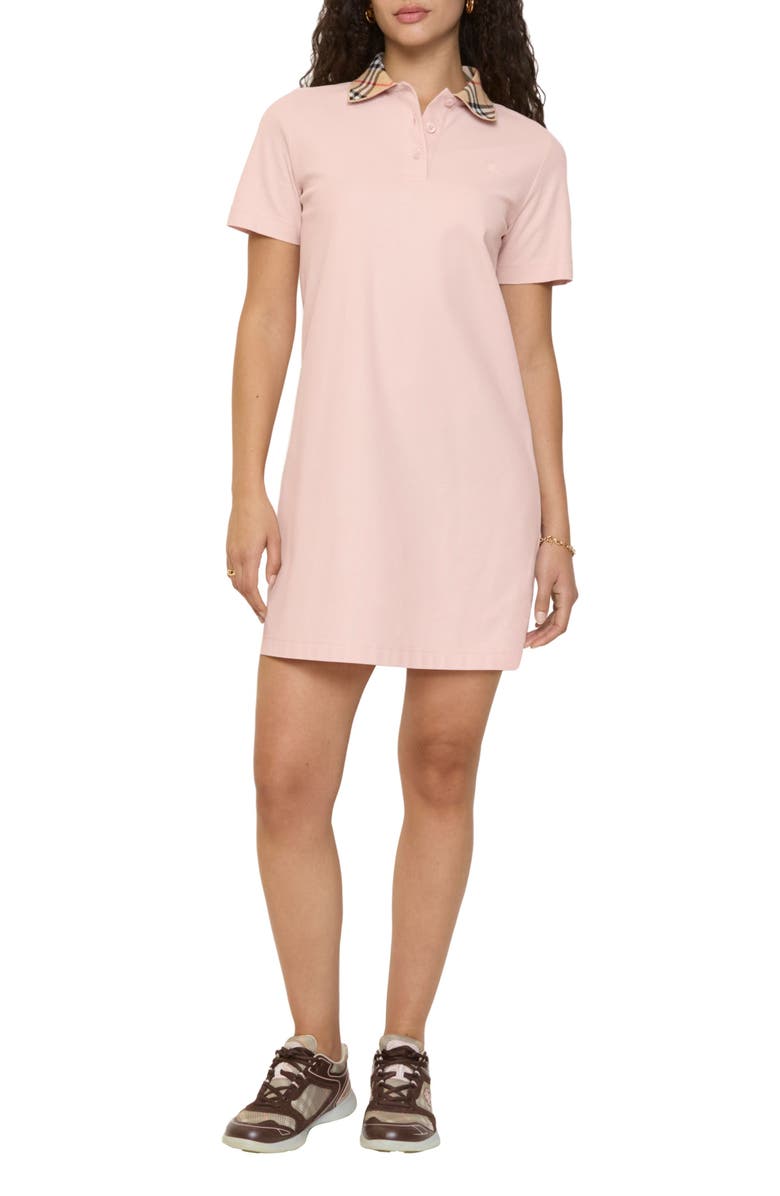 Burberry Iris Check Collar Cotton Piqué Polo Shirtdress, Main, color, Posy Pink