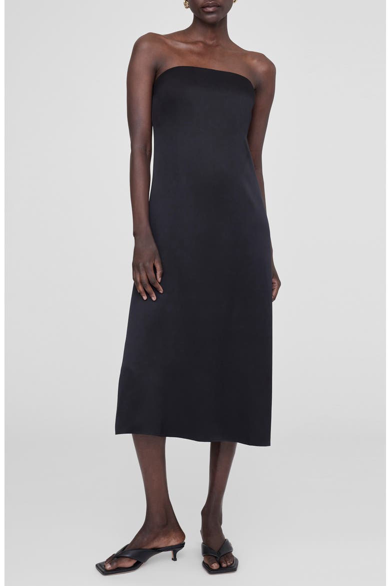 Megan Strapless Silk Midi Dress, Main, color, BLACK SILK