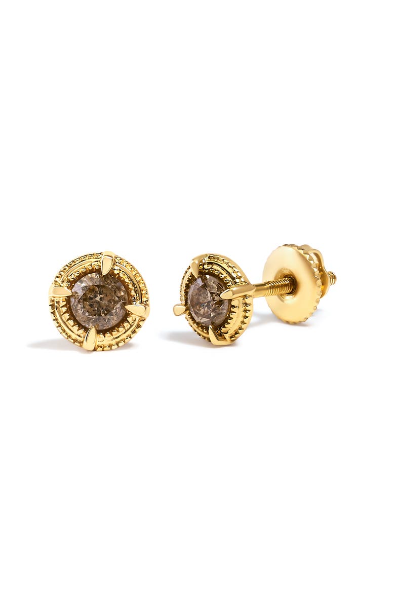 14K Yellow Gold Plated Silver 1/2 Ct Diamond Solitaire Milgrain Stud Earrings, Alternate, color, Yellow