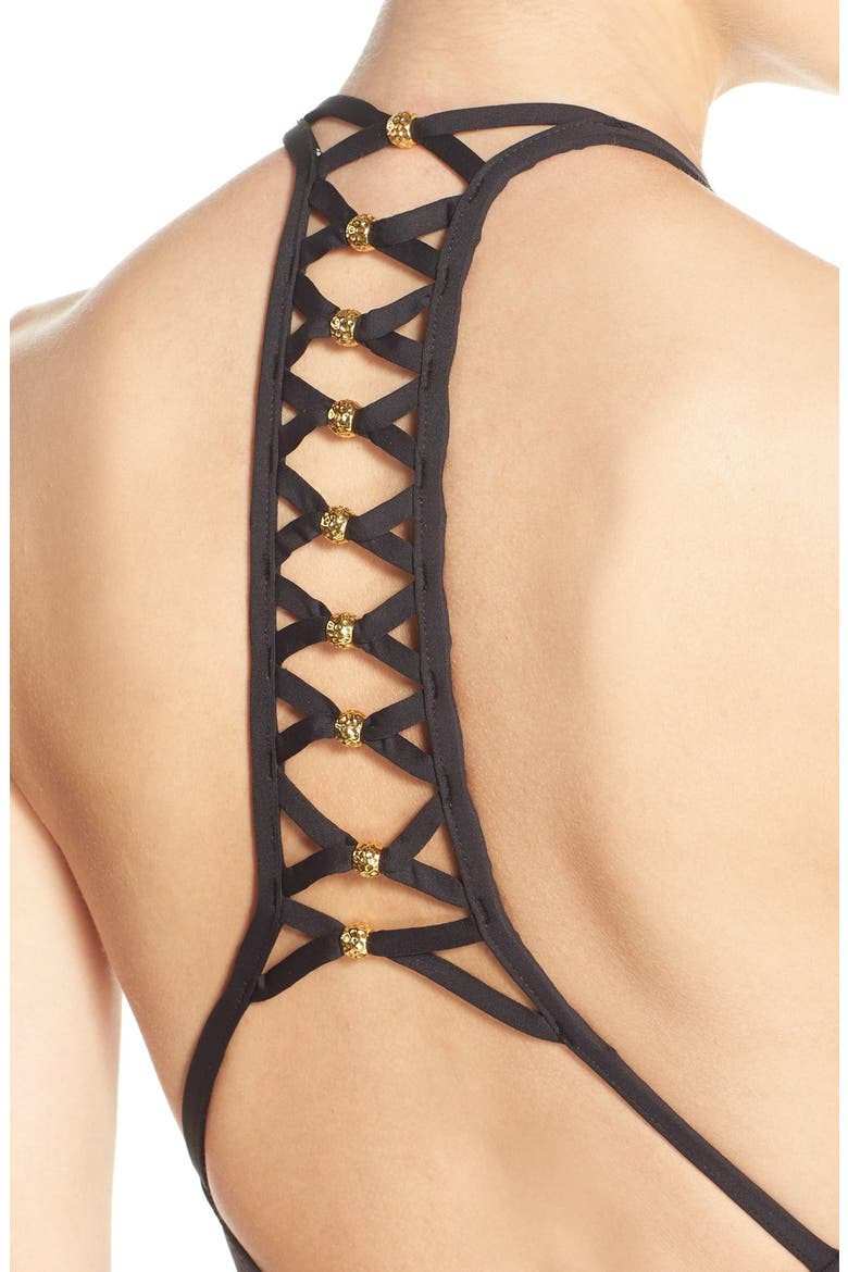 'Algiers' Beaded Racerback One-Piece Swimsuit, Alternate, color, BLACK