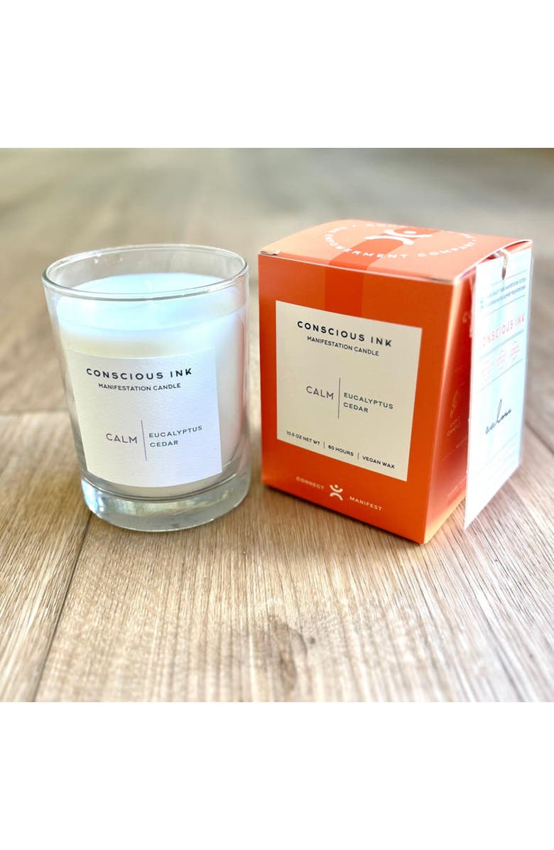 Conscious Ink Calm Eucalyptus + Cedar Manifestation Candle + Ink, Main, color, White