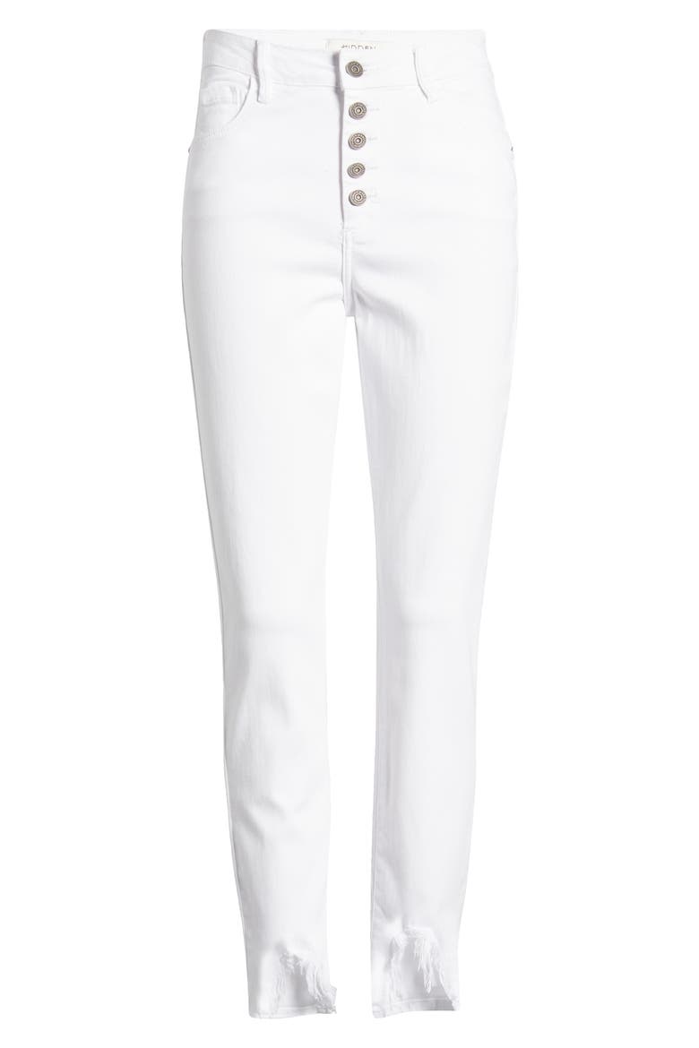 Exposed Button High Waist Fray Hem Skinny Jeans, Alternate, color, WHITE