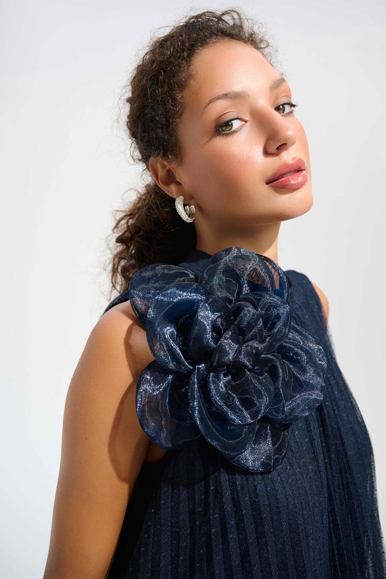 Signature | Mesh And Lace A-Line Dress With Organza Flower Detail, Alternate, color, Midnight Blue