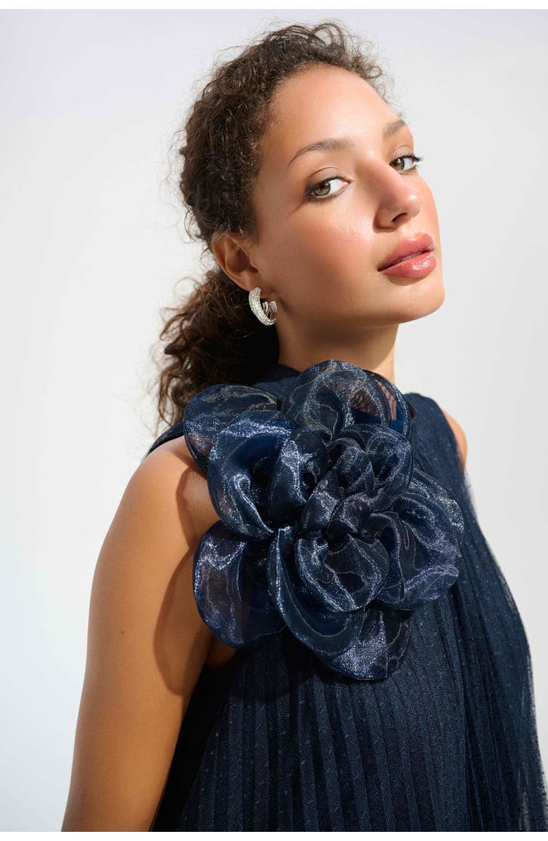 Joseph Ribkoff Signature | Mesh And Lace A-Line Dress With Organza Flower Detail, Alternate, color, Midnight Blue