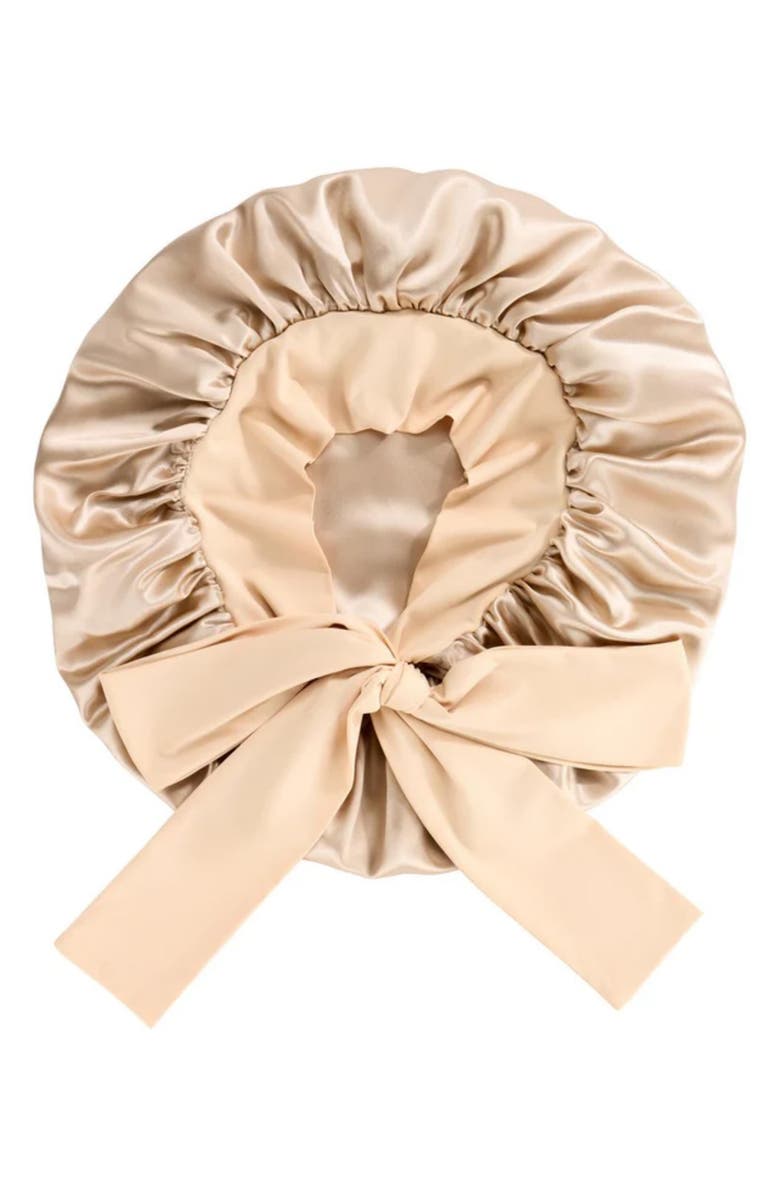 BLISSY Bow Mulberry Silk Bonnet, Alternate, color, Champagne