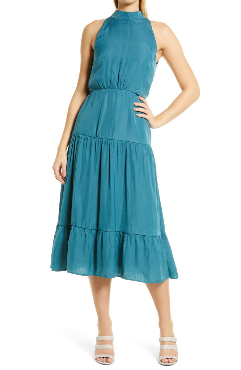 Sam Edelman High Neck Tiered Hem Sleeveless Midi Dress, Main, color, 