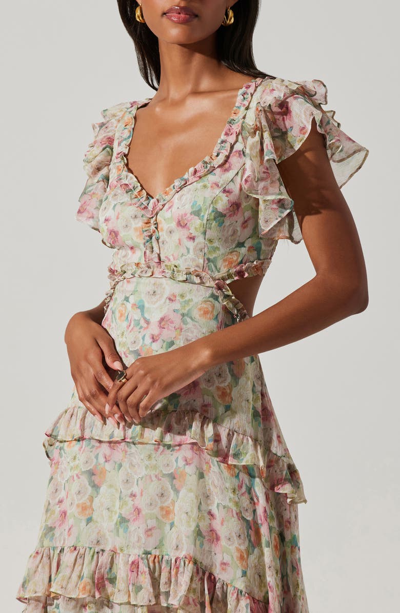 ASTR the Label Mable Floral Tiered Cutout Chiffon Dress, Alternate, color,