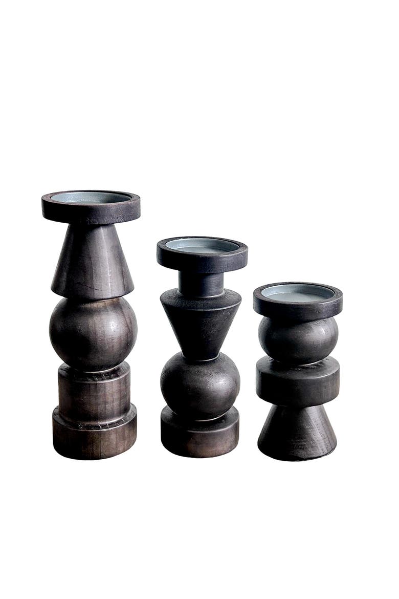 Wood 11 in. Black Geo Candle Holder Set of 3, Main, color, Black