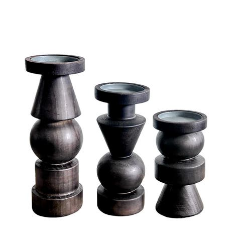 Wood 11 in. Black Geo Candle Holder Set of 3