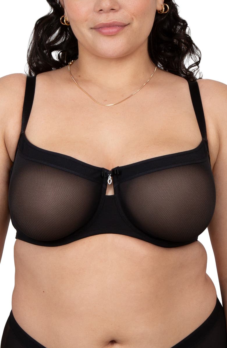 Curvy Couture Sheer Mesh Balconette Bra, Main, color, Black Hue
