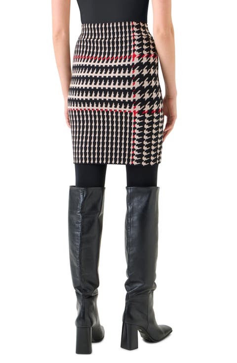 Mixed Houndstooth Check Stretch Virgin Wool Knit Skirt