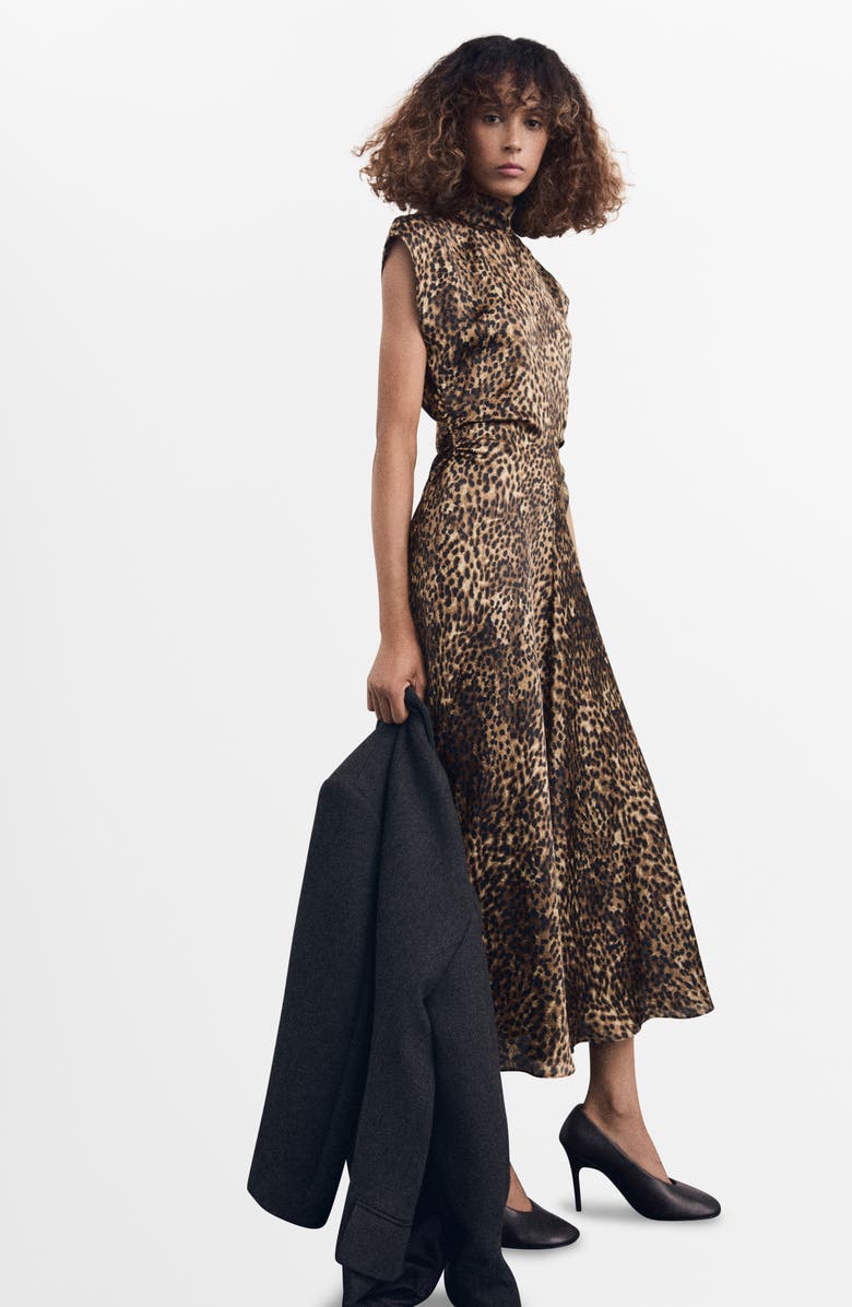 MANGO Leopard Print Satin Maxi Dress, Alternate, color, Brown