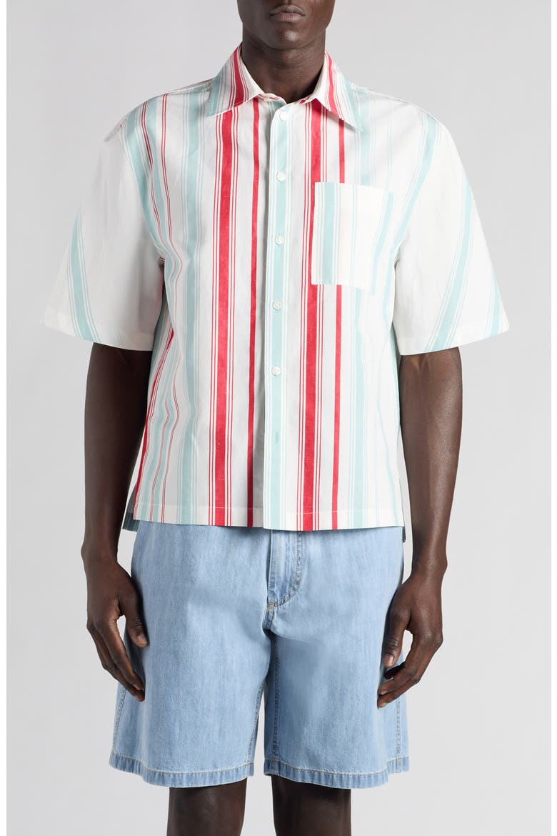 Multicolor Variegated Stripe Cotton & Linen Short Sleeve Button-Up Shirt, Main, color, 1979 MINT/ RED