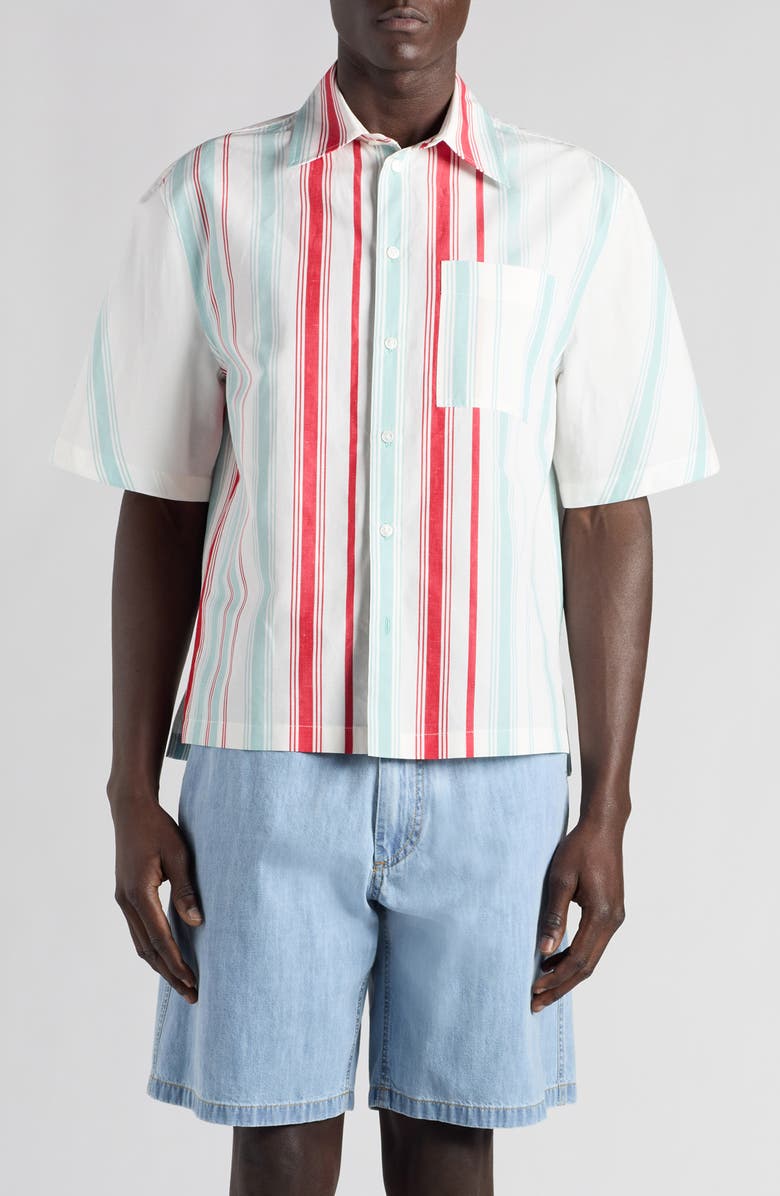 Bottega Veneta Multicolor Variegated Stripe Cotton & Linen Short Sleeve Button-Up Shirt, Main, color, 1979 Mint/ Red