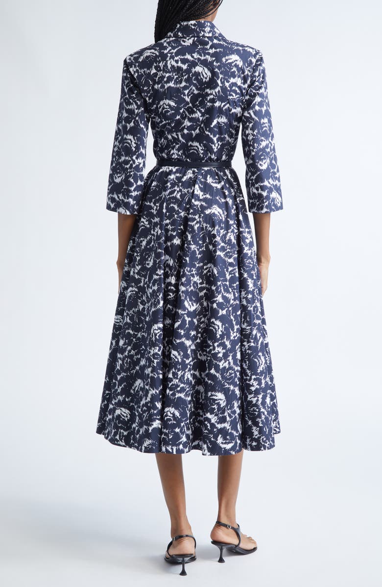 Michael Kors Collection Graphic Floral Chiné Belted Cotton Poplin Shirtdress, Alternate, color, Midnight/ Optic White