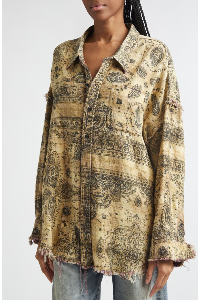 Oversize Shredded Seam Drop Neck Button-Up Shirt, Alternate, color, KHAKI BANDANA BLACK OVERPRINT