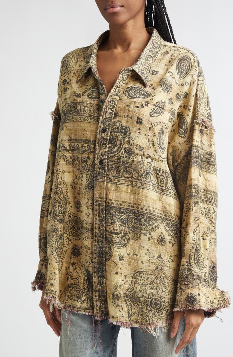 R13 Oversize Shredded Seam Drop Neck Button-Up Shirt, Alternate, color, Khaki Bandana Black Overprint