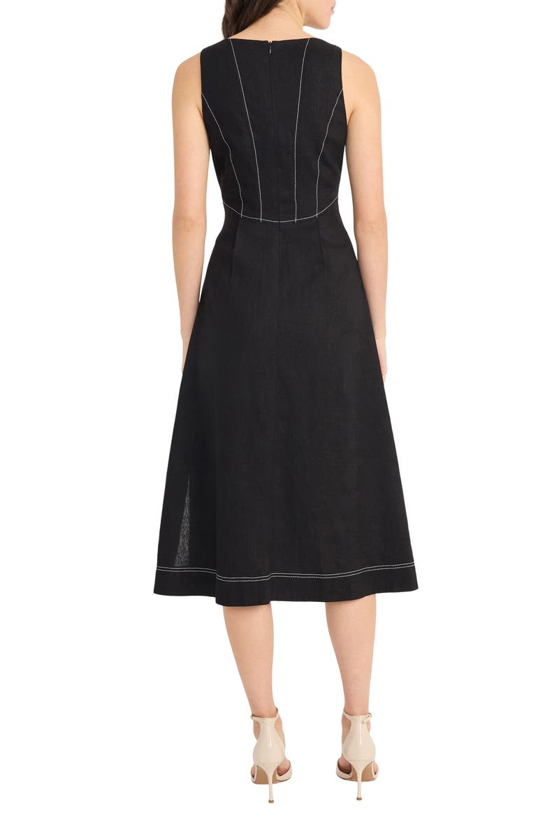 Contrast Topstitch Sleeveless Linen Blend Midi Dress, Alternate, color, BLACK
