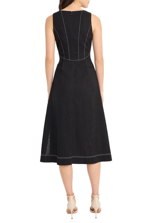 Donna Morgan Contrast Topstitch Sleeveless Linen Blend Midi Dress In Black