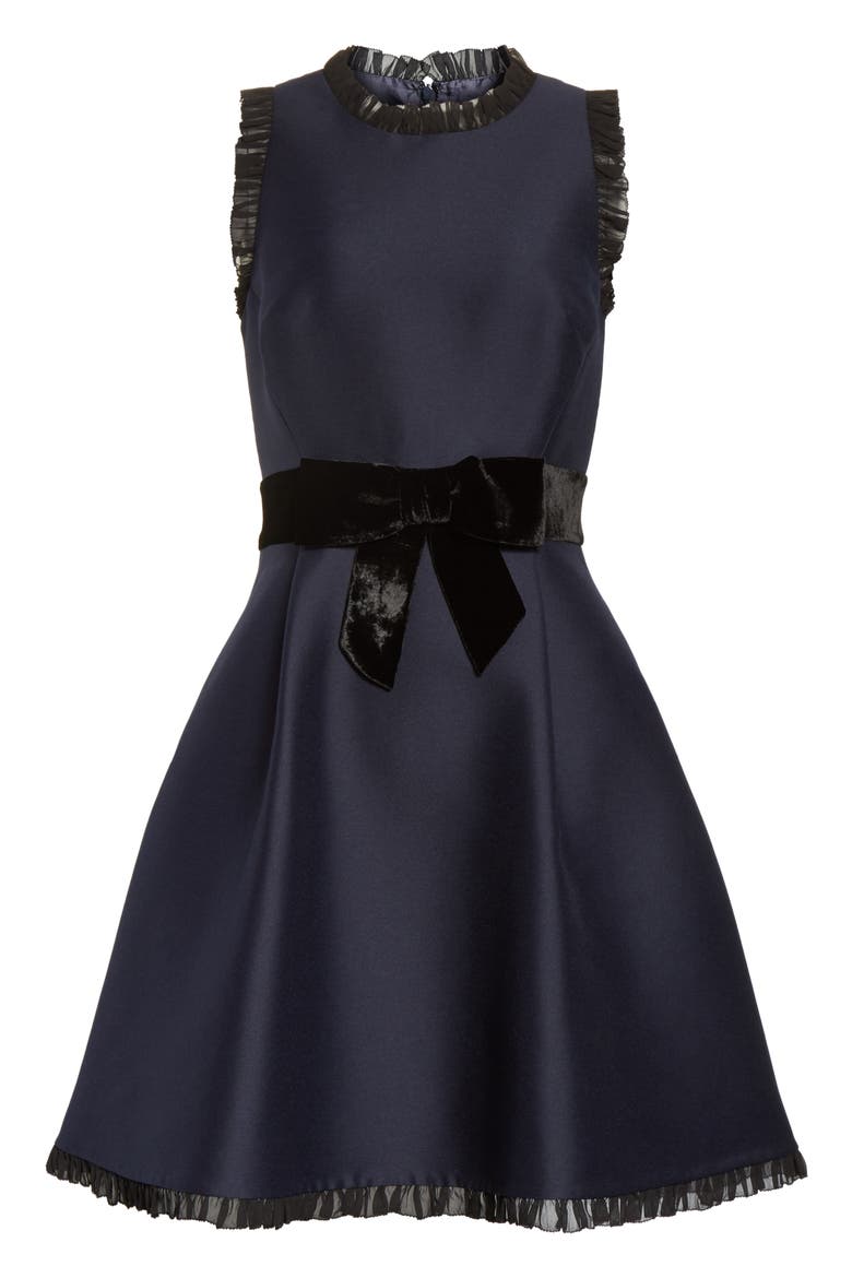 velvet bow fit & flare dress, Alternate, color, RICH NAVY