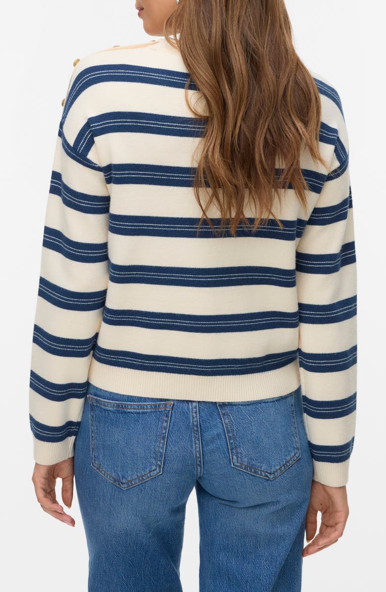 VERO MODA Stripe Button Shoulder Crop Sweater, Alternate, color, Birch/ Dark Blue