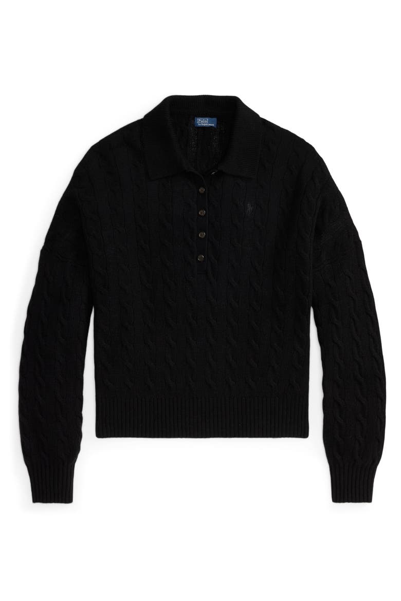 Cable Wool & Cashmere Polo Collar Sweater, Alternate, color, BLACK