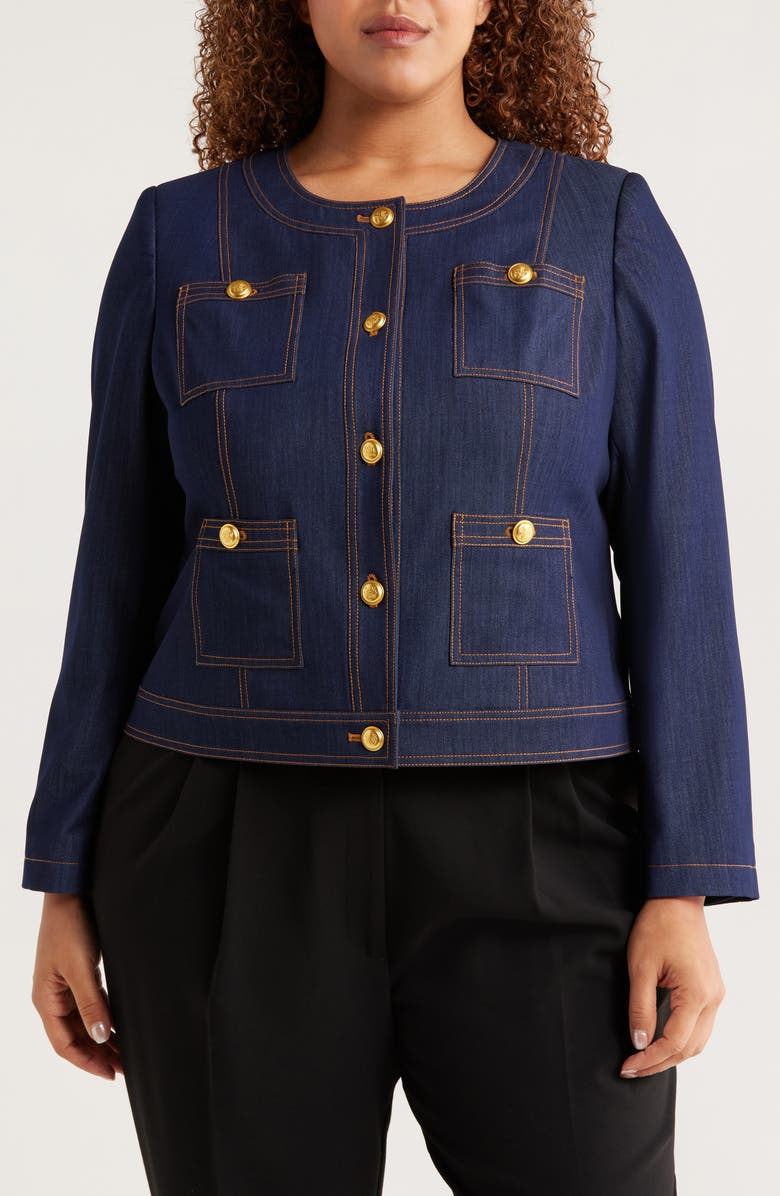 Tahari ASL Crop Denim Jacket, Alternate, color, Denim