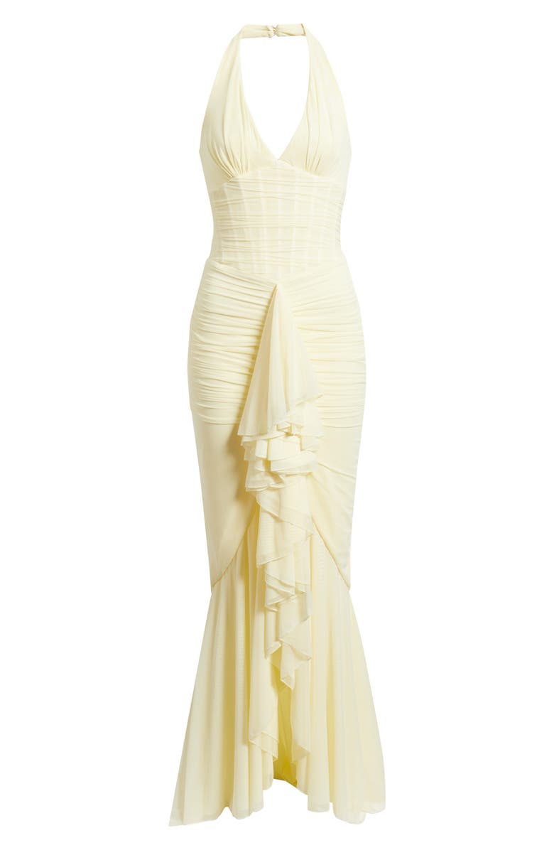 HOUSE OF CB Carmine Ruched Mesh Halter Dress, Main, color, Lemon Yellow