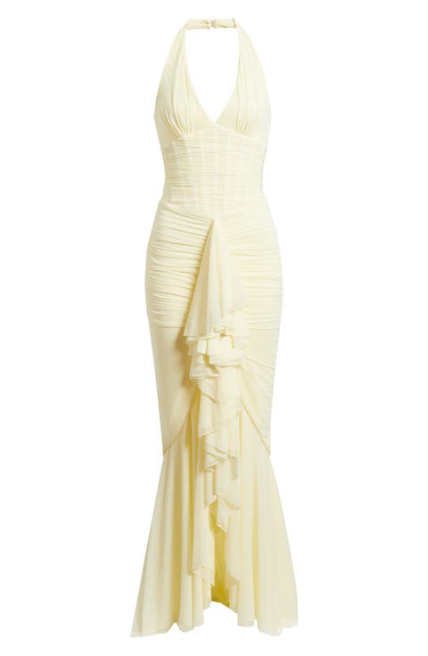 Carmine Ruched Mesh Halter Dress