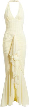 HOUSE OF CB Carmine Ruched Mesh Halter Dress