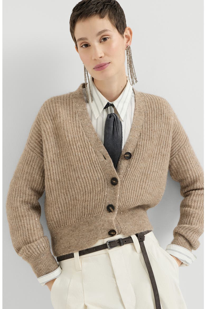 Mohair, cotton and wool Diamond yarn English rib cardigan, Alternate, color, Light Brown