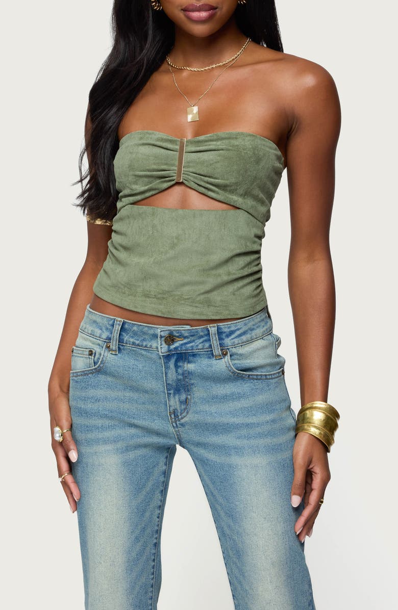 EDIKTED Kalina Cutout Strapless Faux Suede Top, Main, color, Olive