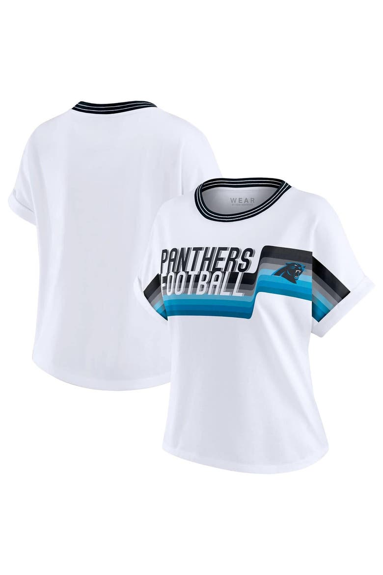 Women's WEAR by Erin Andrews White Carolina Panthers Cropped Center Stripe Dolman T-Shirt, Alternate, color, White