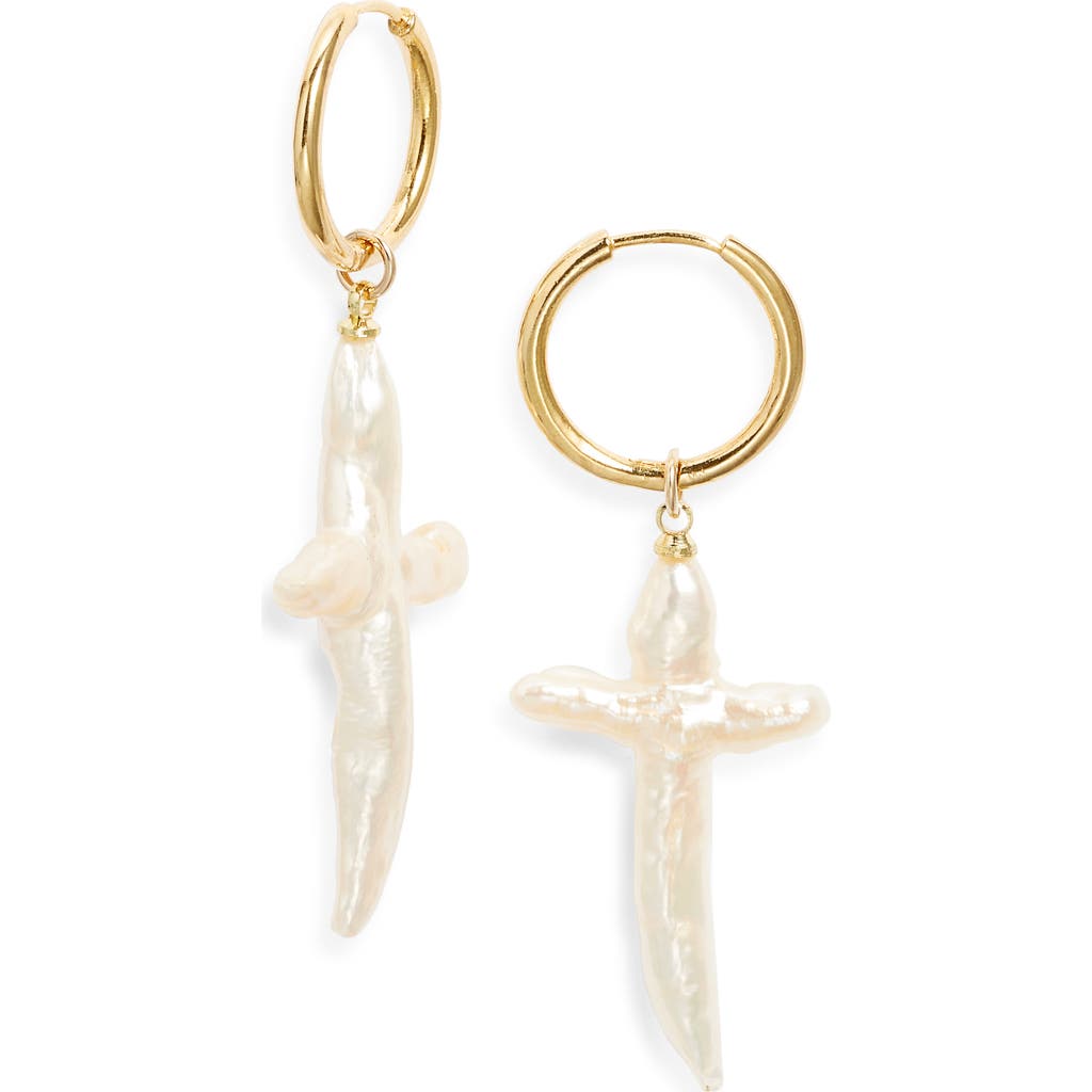 Child Of Wild Esther Freshwater Pearl Cross Earrings In Gold