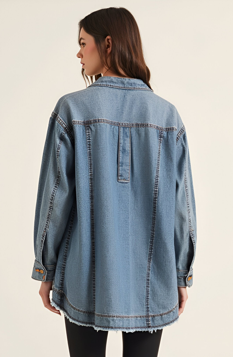 Modenaire Woven Denim Blouse with V-Neck Placket and Patch Pockets, Alternate, color, Light Wash Blue