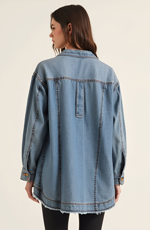 Modenaire Woven Denim Blouse With V-neck Placket And Patch Pockets In Blue