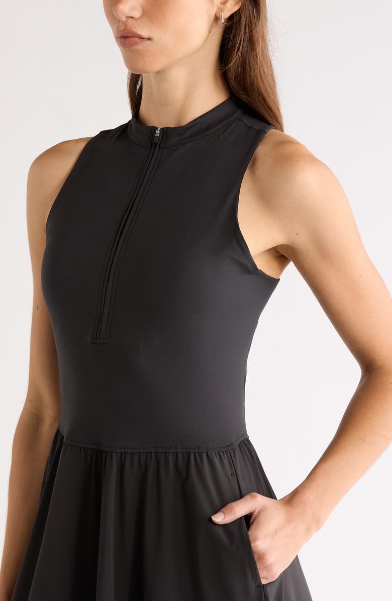 Zella Atlas Zip Front Sleeveless Midi Dress, Alternate, color, Black