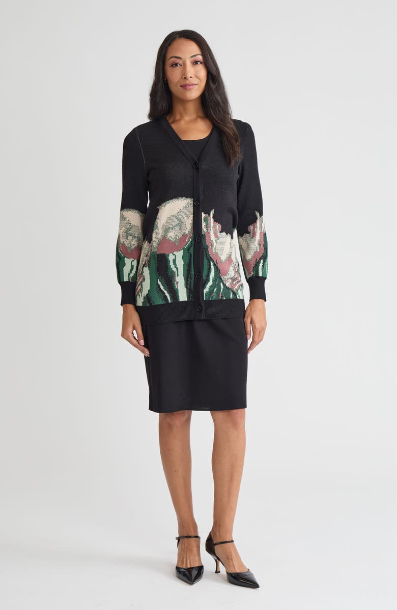 Misook Relaxed Floral Jacquard Knit Cardigan, Alternate, color, Dark Ivy/Black/Midnight Umber