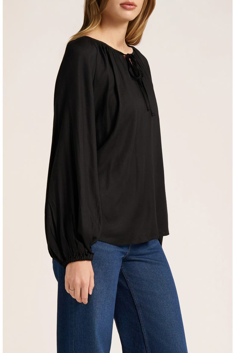 Tie Neck Raglan Sleeve Top, Alternate, color, BLACK