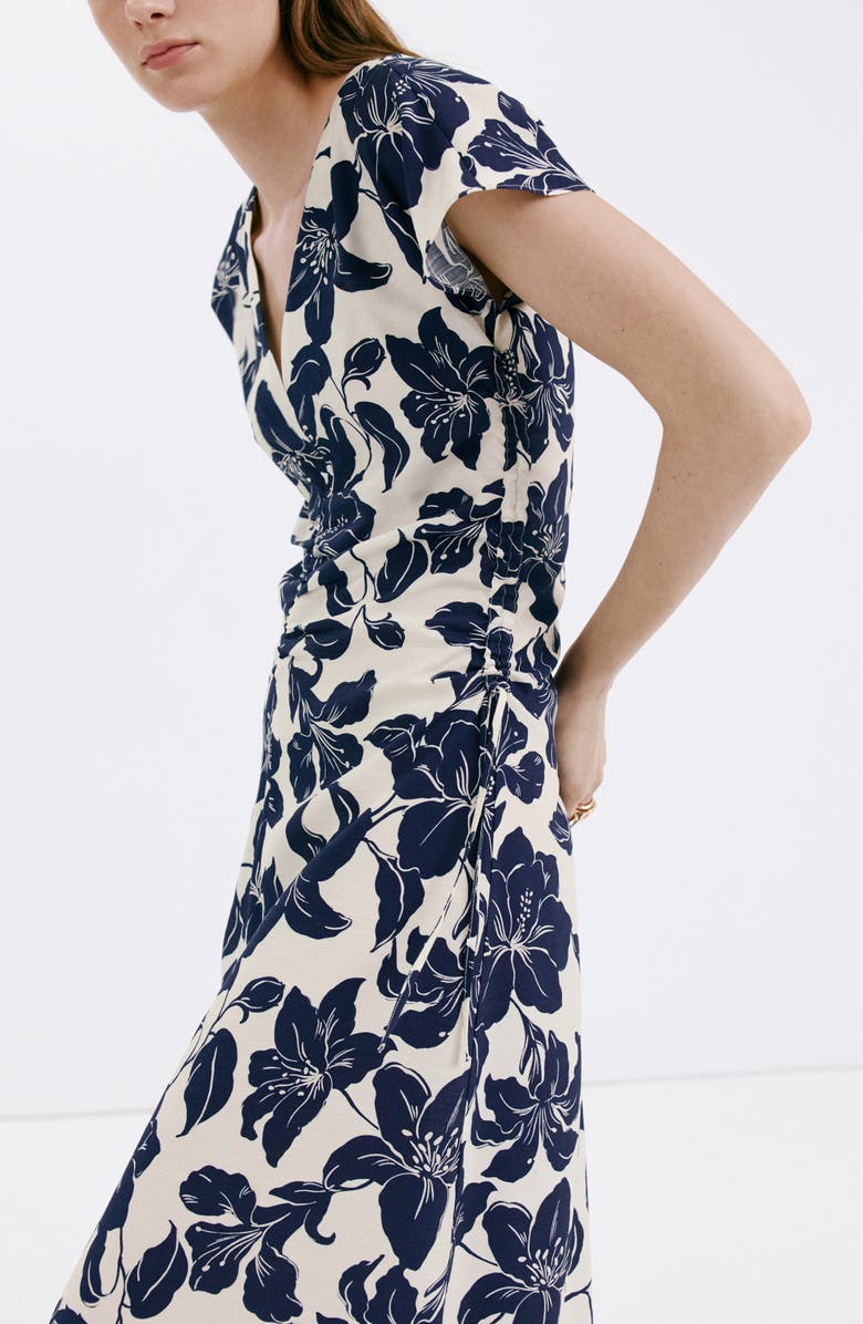 MANGO Print Side Ruched Maxi Dress, Alternate, color, Ecru
