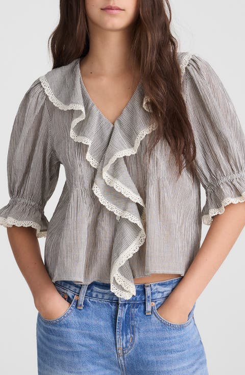 Ruffled Puff Sleeve Cotton Button-Up Shirt