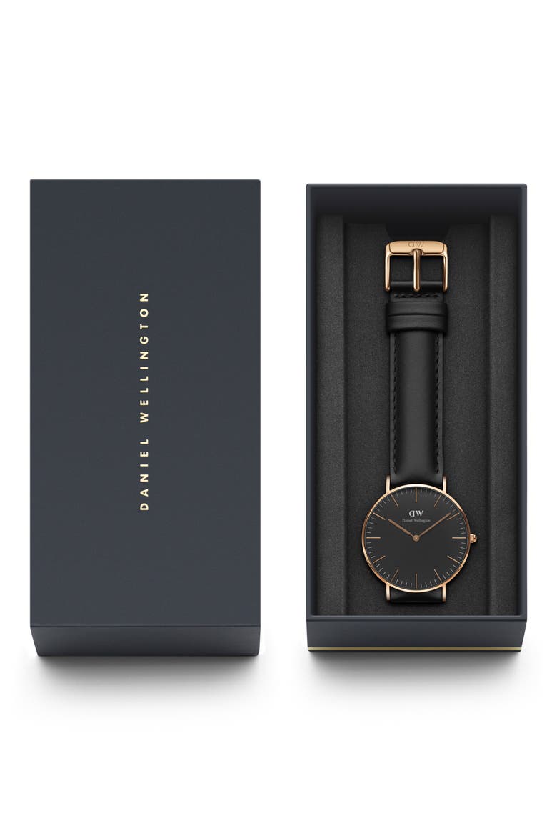 Classic Sheffield Leather Strap Watch, 36mm, Alternate, color, BLACK / ROSE GOLD