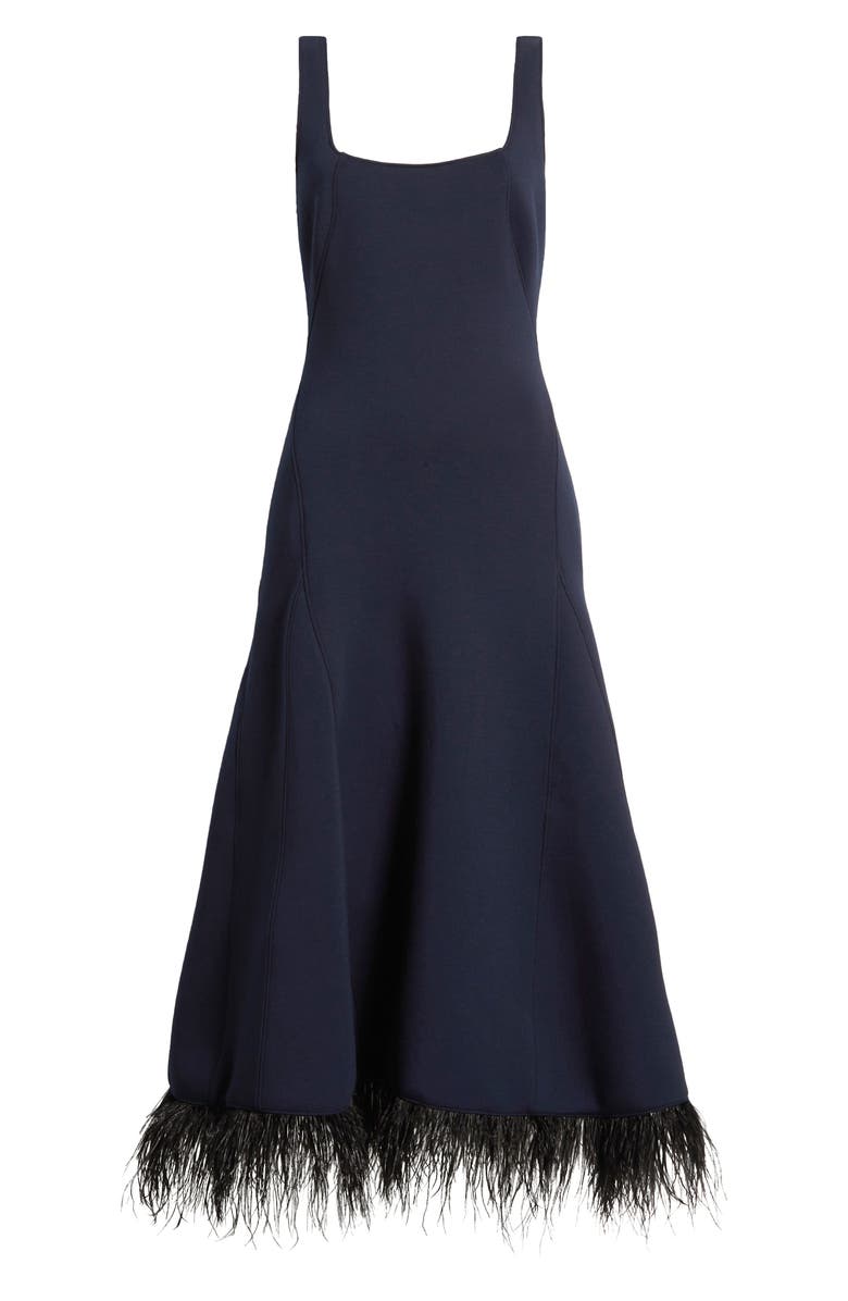 Du Paradis Brussels Feather Trim Midi Dress, Alternate, color, Navy Black