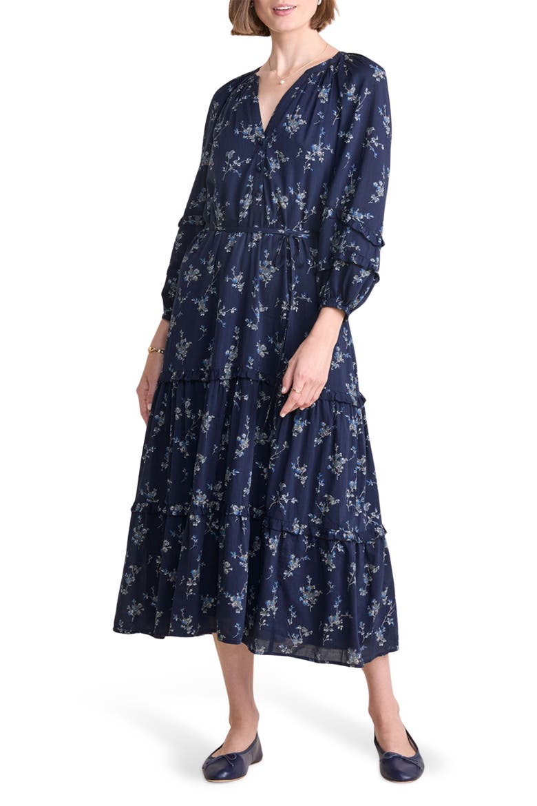 Geo Print Long Sleeve Tiered Cotton & Silk Dress, Main, color, SIENNA FLORAL - NAVY