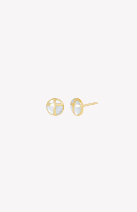 Mother Of Pearl Cross Dome Stud Earrings