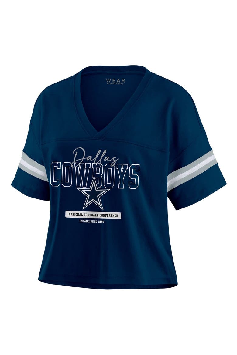 Women's WEAR by Erin Andrews Navy Dallas Cowboys Color Block Boxy Modest Crop V-Neck T-Shirt, Alternate, color, Navy