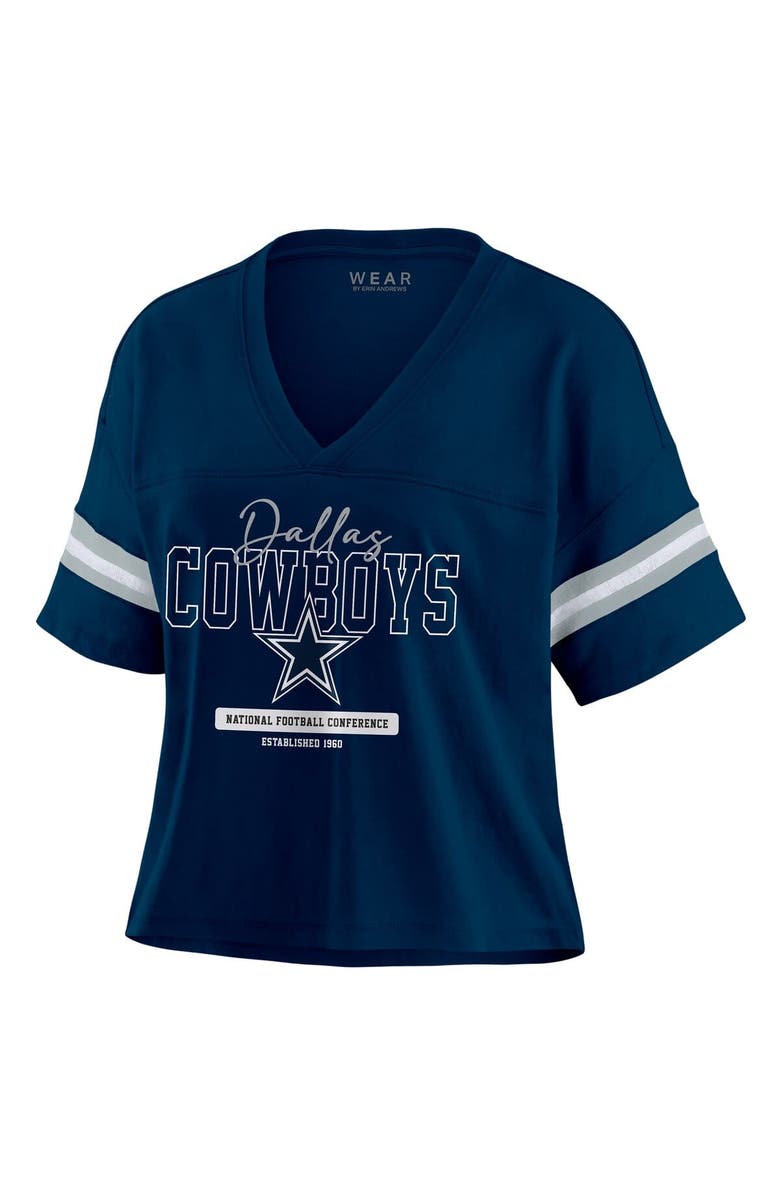 WEAR by Erin Andrews Women's WEAR by Erin Andrews Navy Dallas Cowboys Color Block Boxy Modest Crop V-Neck T-Shirt, Alternate, color, Navy