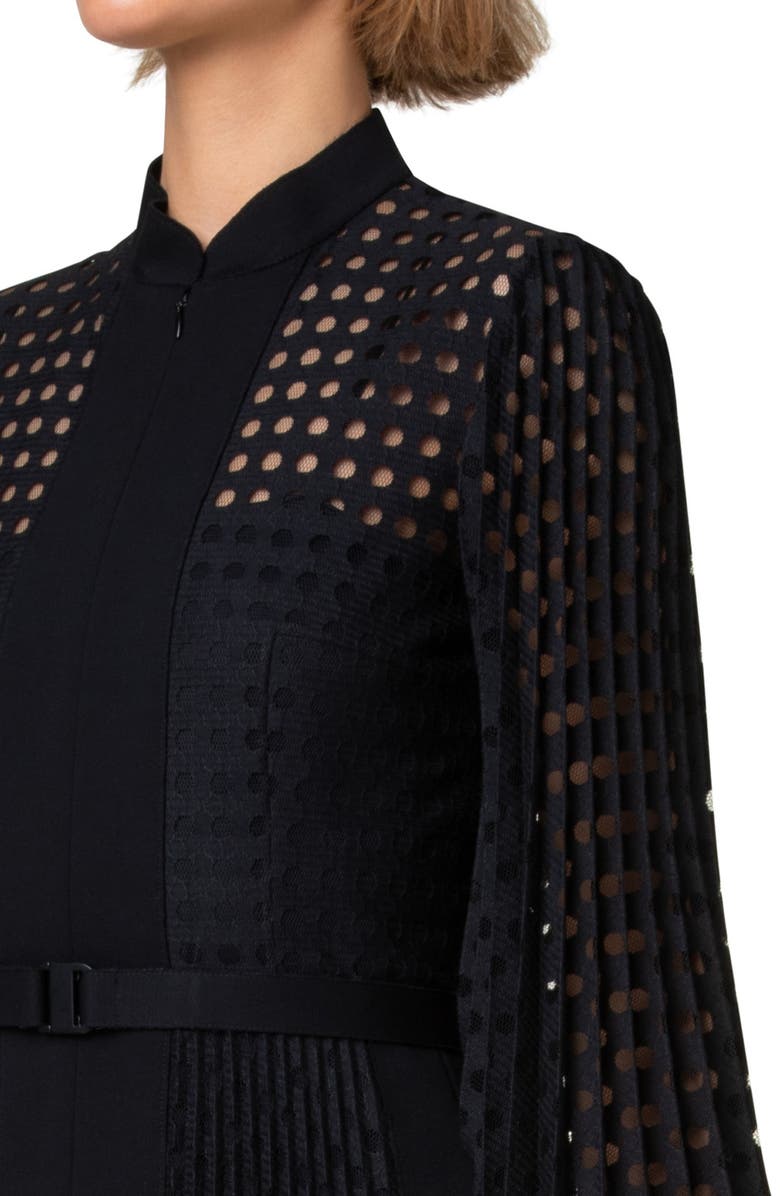 Akris punto Mixed Media Circle Grid Pleated Long Sleeve Midi Dress, Alternate, color,