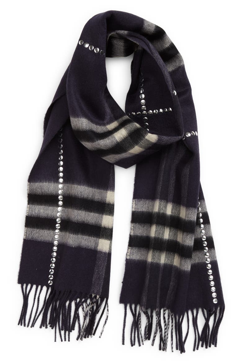 Giant Check Stud Embellished Cashmere Fringe Scarf, Alternate, color, DARK CHARCOAL BLUE