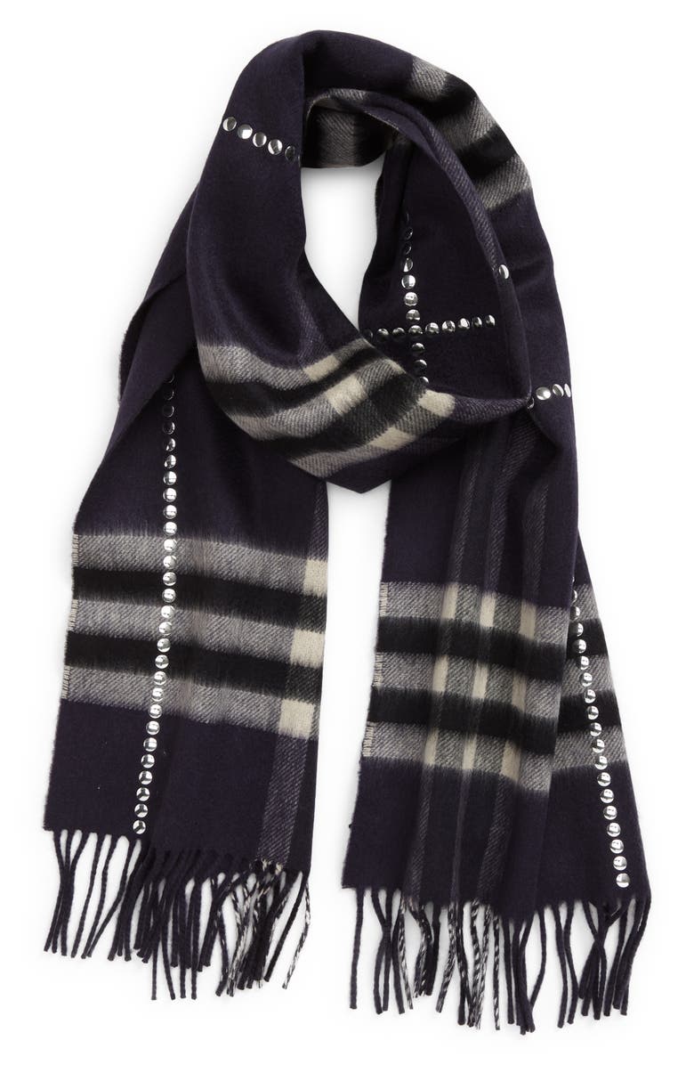 Burberry Giant Check Stud Embellished Cashmere Fringe Scarf, Alternate, color,